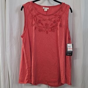 Style & Co Sleeveless Coral Pink Slub Knit Soutache Embroidered Tank Top 0x 2X